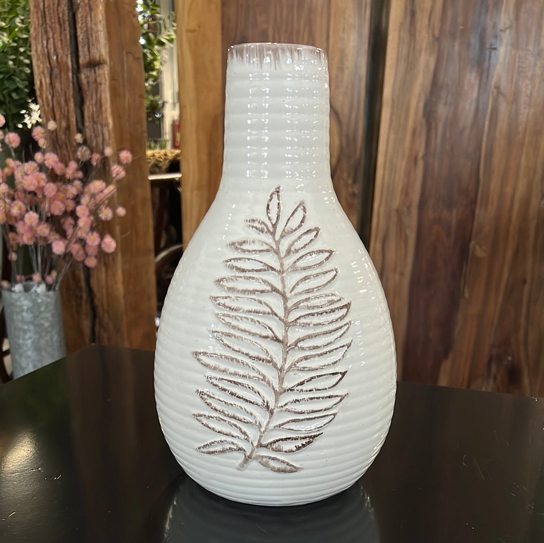 L Cream & Brown Fern Leaf Speckled Ceramic Vase