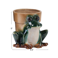 Stoneware Frog Planter, Reactive Glaze, Green, White and Brown