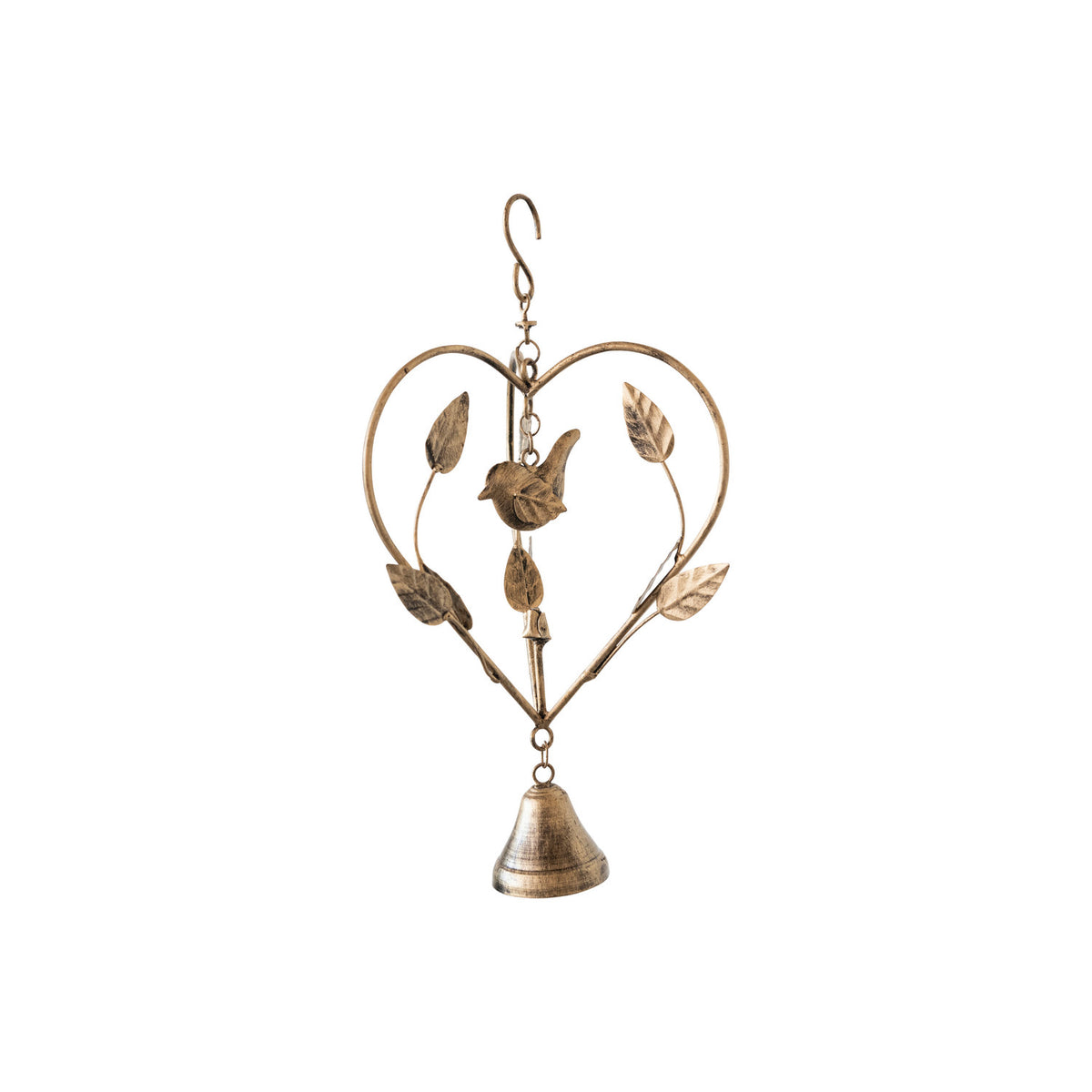 Hanging Metal Heart Shaped Décor w/ Leaves, Bird & Bell