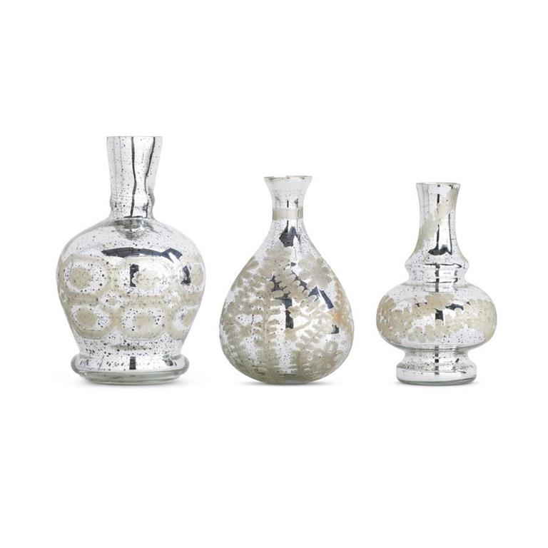 Assorted Silver Mercury Glass Etched Bud Vases