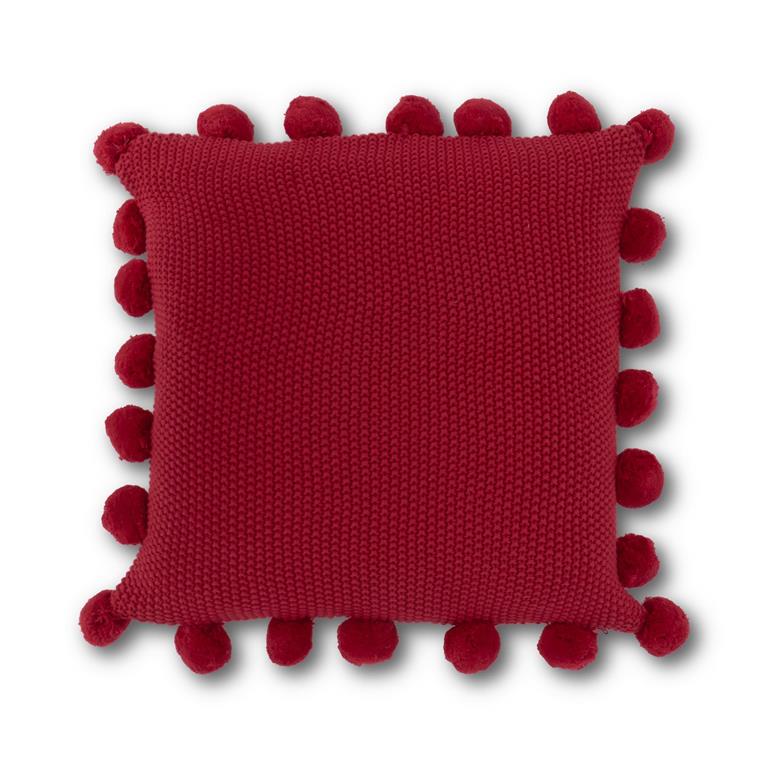 20 Inch Red Moss Stitch Knit Pillow w/Pompom Trim