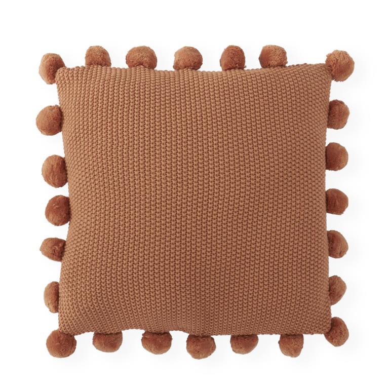 20 Inch Rust Moss Stitch Knit Pillow w/Pompom Trim