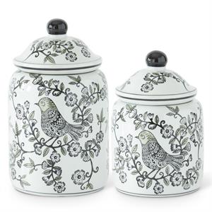 Black White & Green Bird Print Porcelain Jars