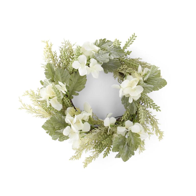 15 Inch Soft Green Mixed Foliage & White Hydrangea