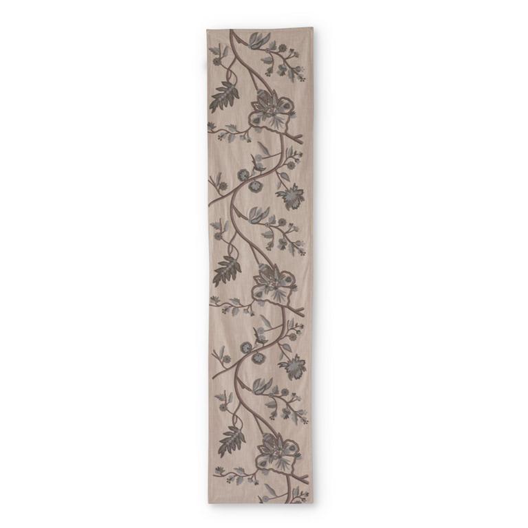 72 Inch Gray Floral Embroidery Beige Cotton Table Runner