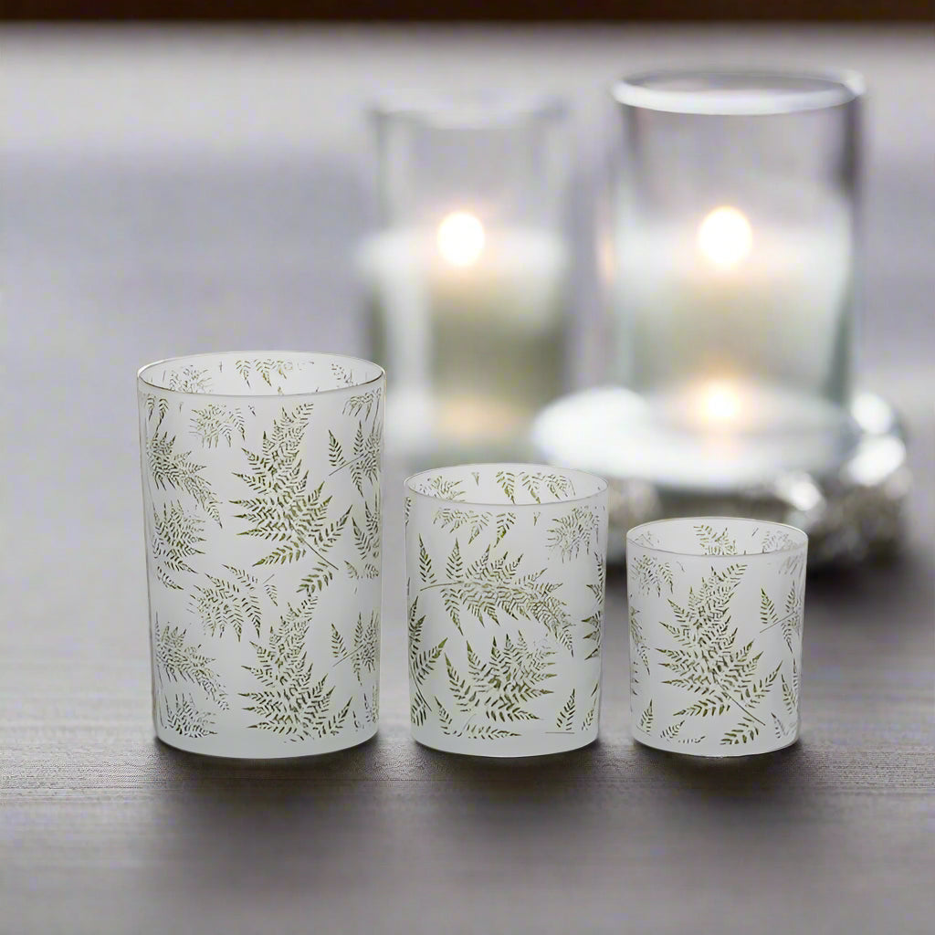 Fern Etched Frosted Glass Votives