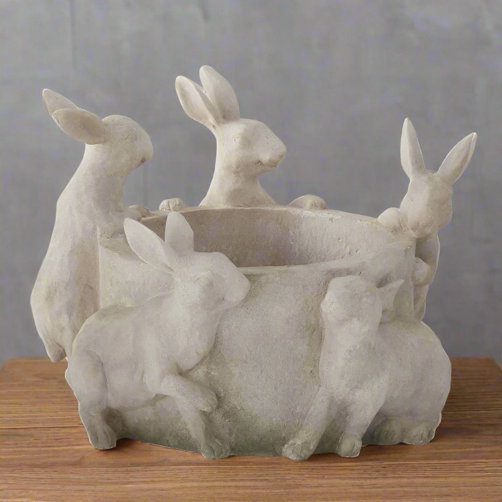 8 Inch Tan Resin Faux Stone 5 Rabbit Pot