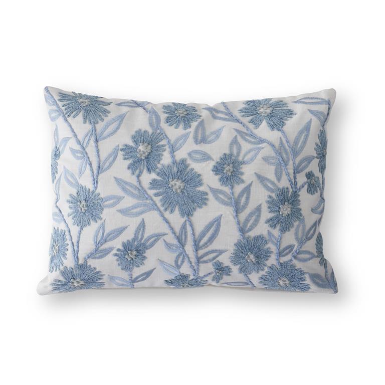 14 Inch Lumbar White Linen & Blue Embroidered Floral pillow