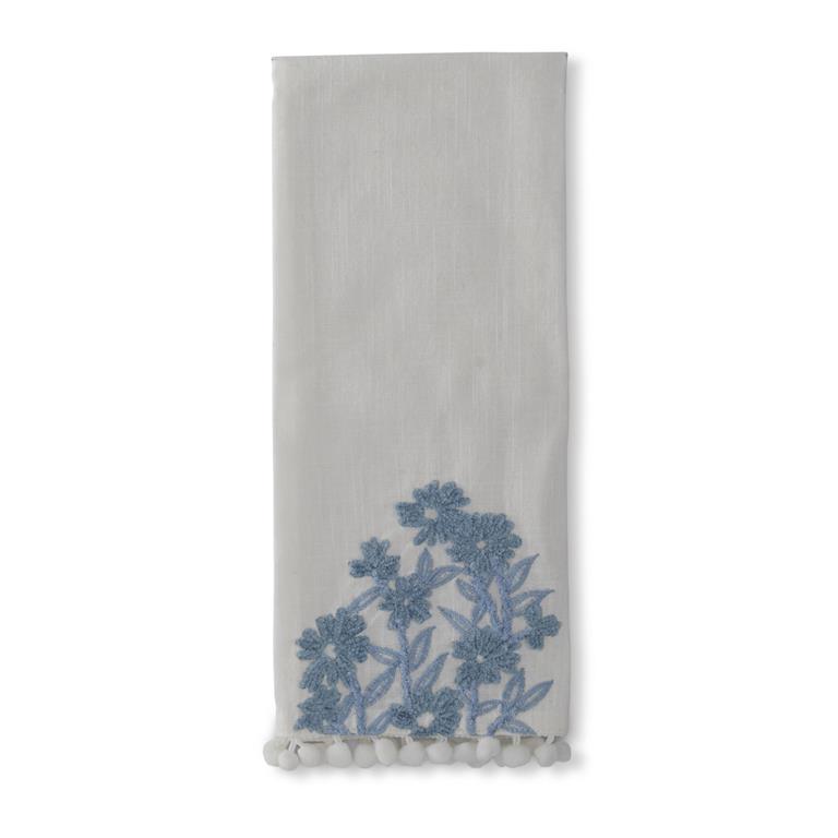 28 Inch White Linen & Blue Embroidered Floral Hand Towel