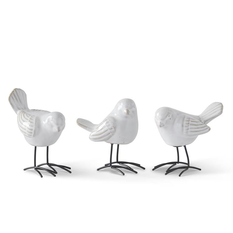 Assorted 3.5 Inch White Ceramic Birds w/Metal Feet