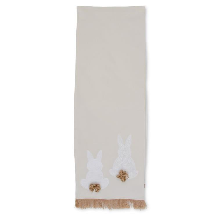 72 Inch Tan Table Runner w/White Embroidered