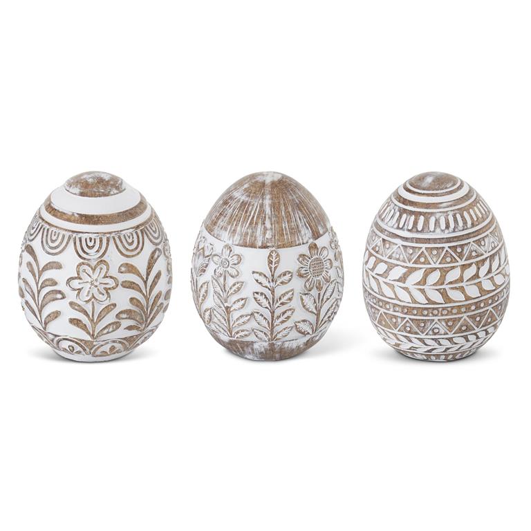4 Inch Whitewashed Floral Carved Easter Eggs