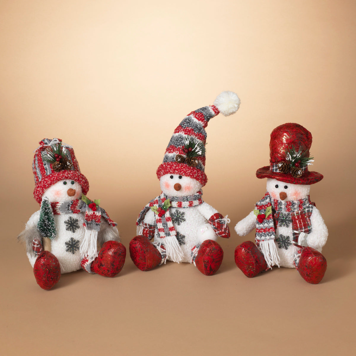 11"H Plush Holiday Sitting Snowmen
