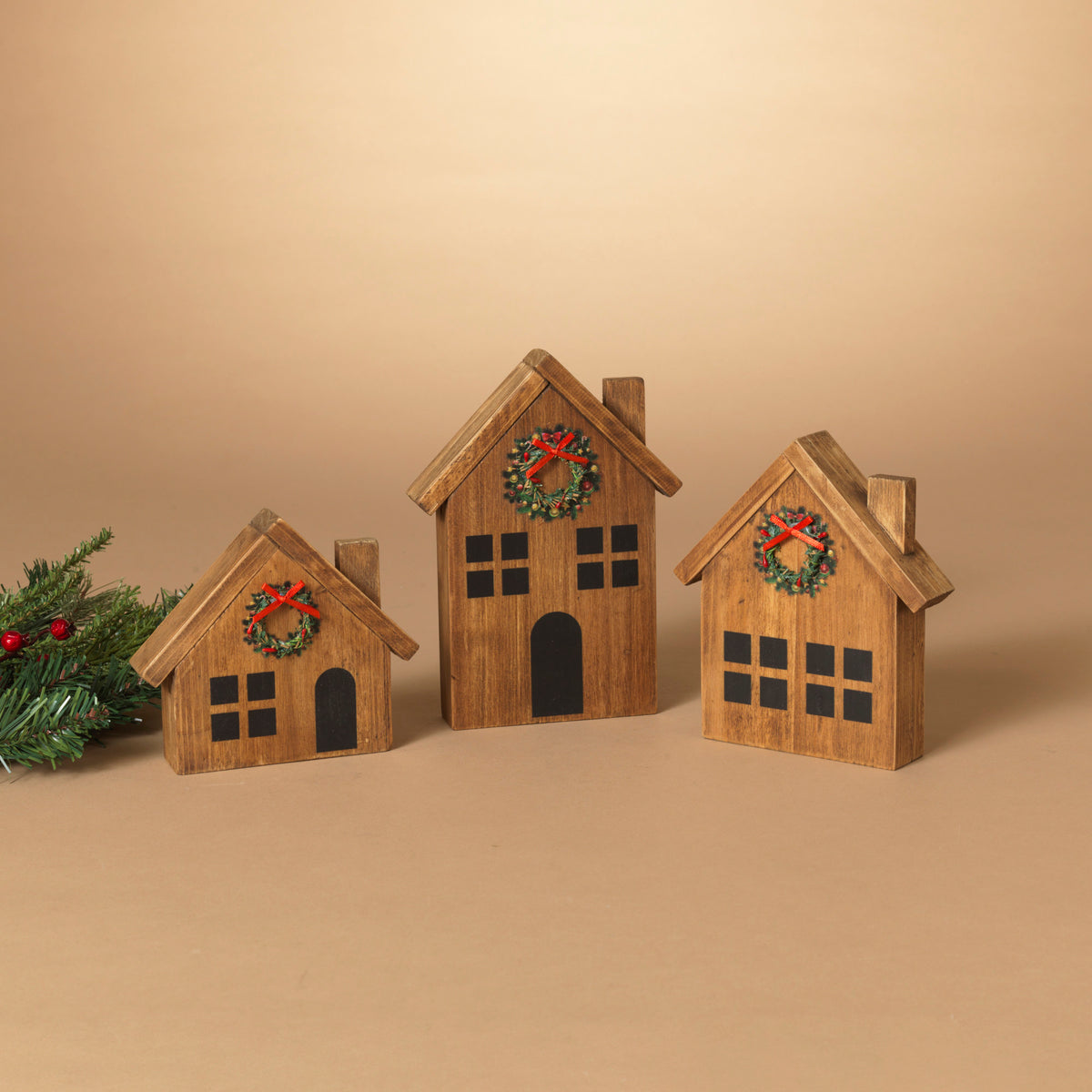 Wood Homes w/Wreath Accents