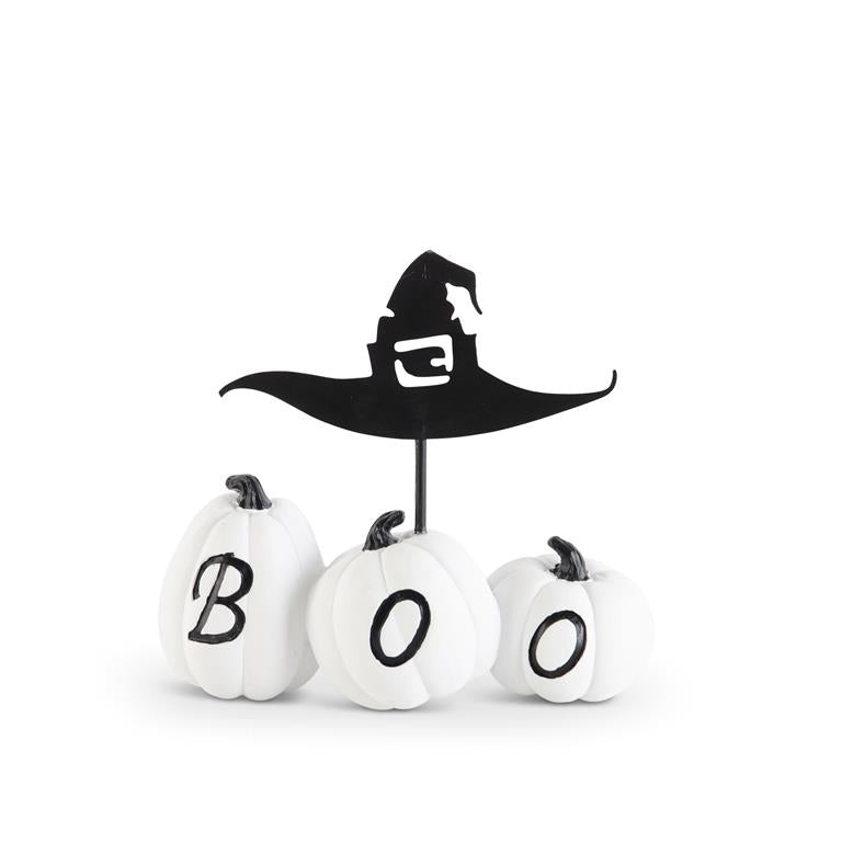 4 Inch White Resin BOO Pumpkins w/Metal Witch Hat