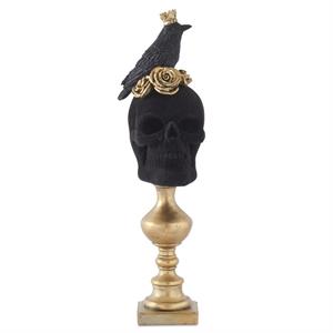 16.25 inch Black Velvet Skull w/Gold Roses & Crown
