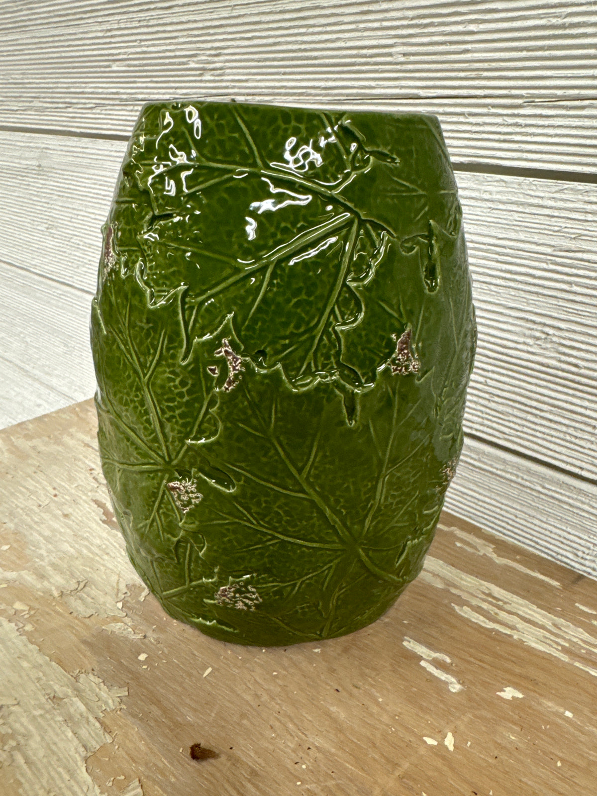 Distressed Green Vase with Embossed Leaves Small