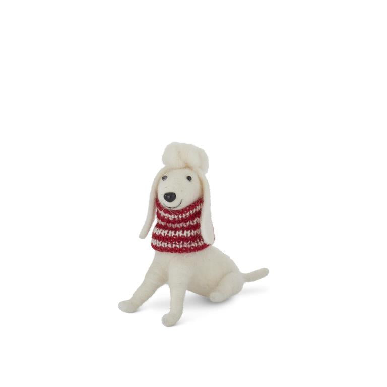 4 Inch White Wool Dog w/Red Stripe Sweater