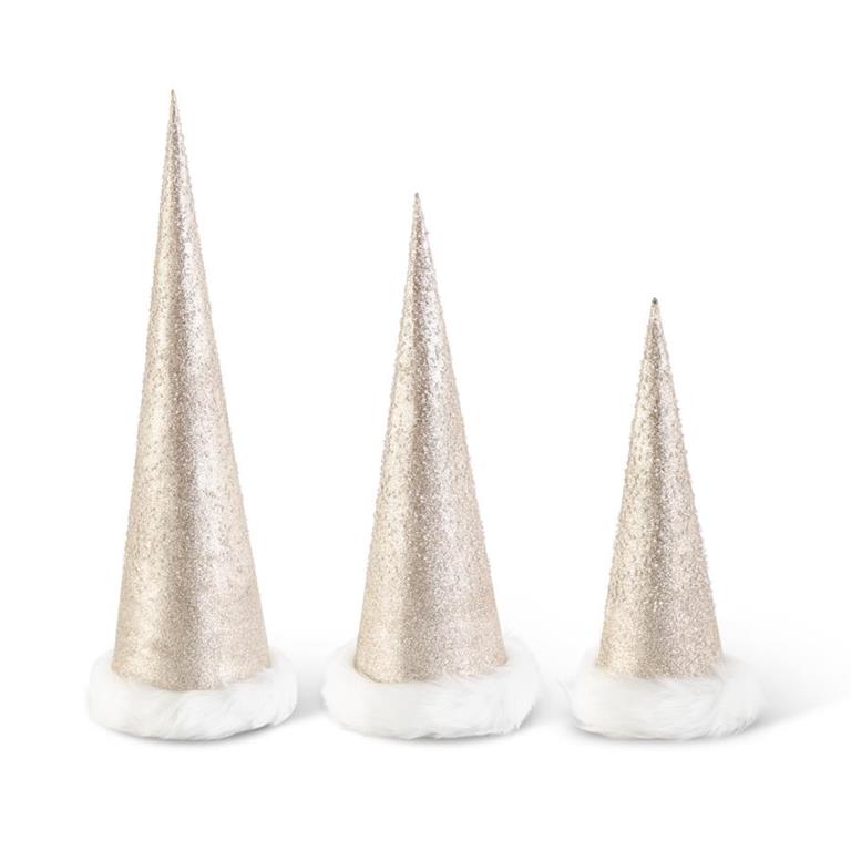 Beaded Gold Glittered Cone Trees w/Fur Trim