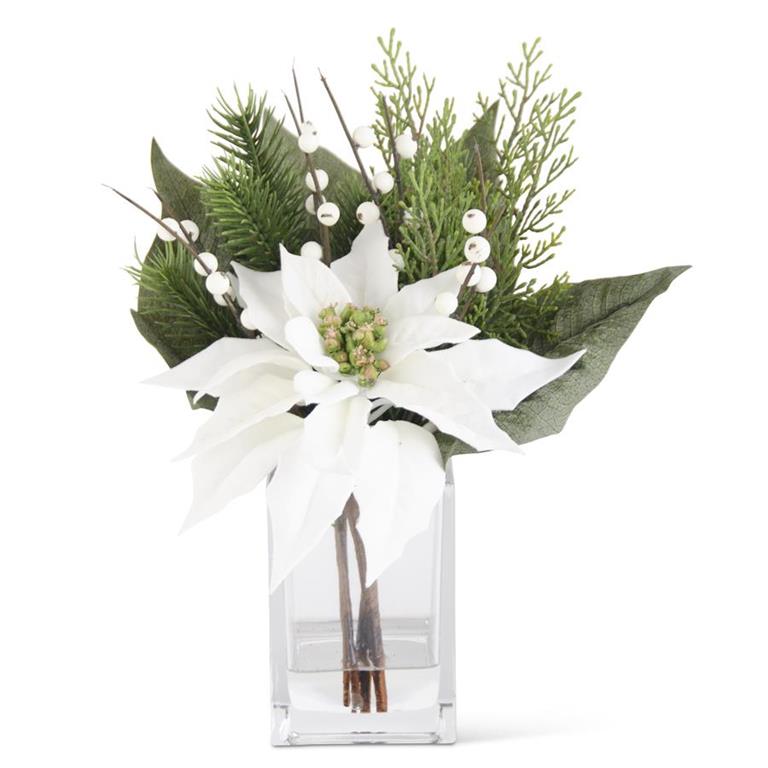 11 Inch White Poinsettia & Pine Premade in Glass Vase