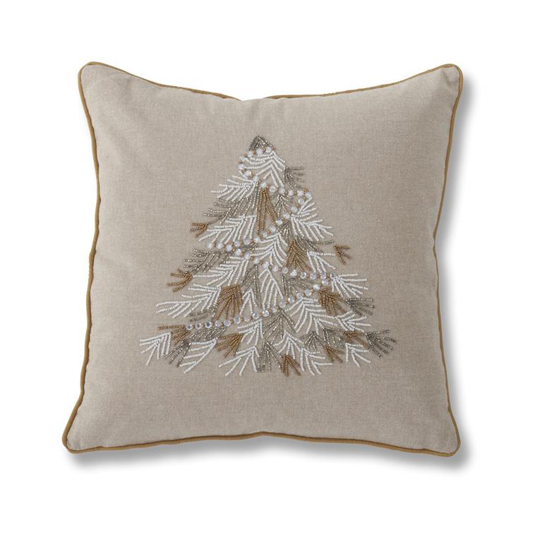 18 Inch Square Cotton Beaded Christmas Tree Pillow