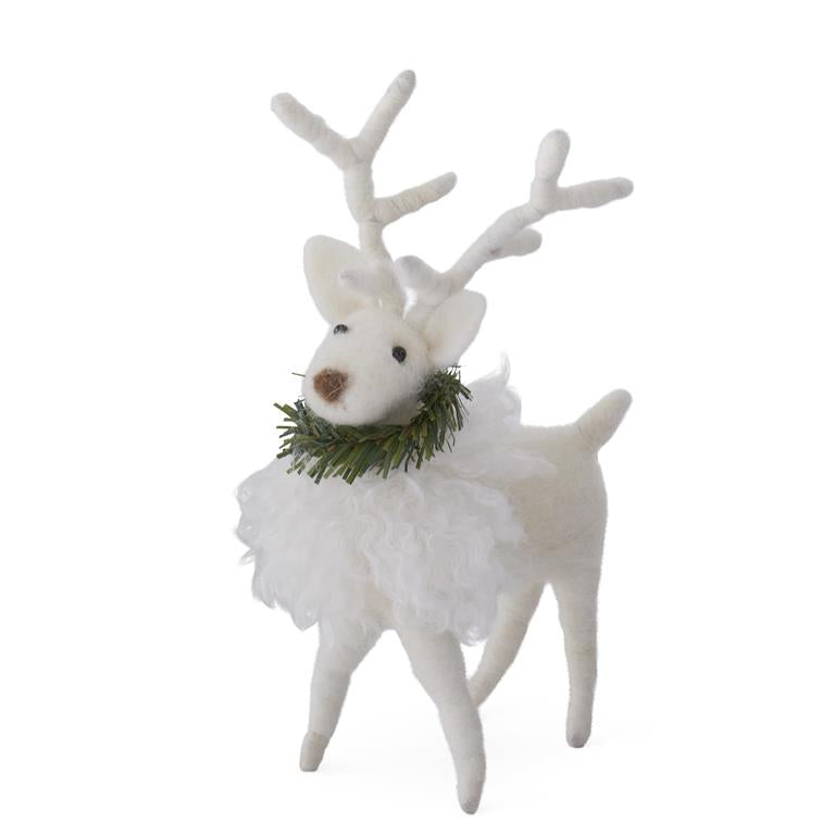 10 Inch White Wool Deer w/Pine Wreath