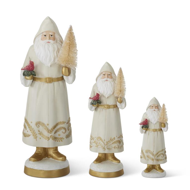 Cream Resin Santas Holding Cardinal & Bottle Brush Tree