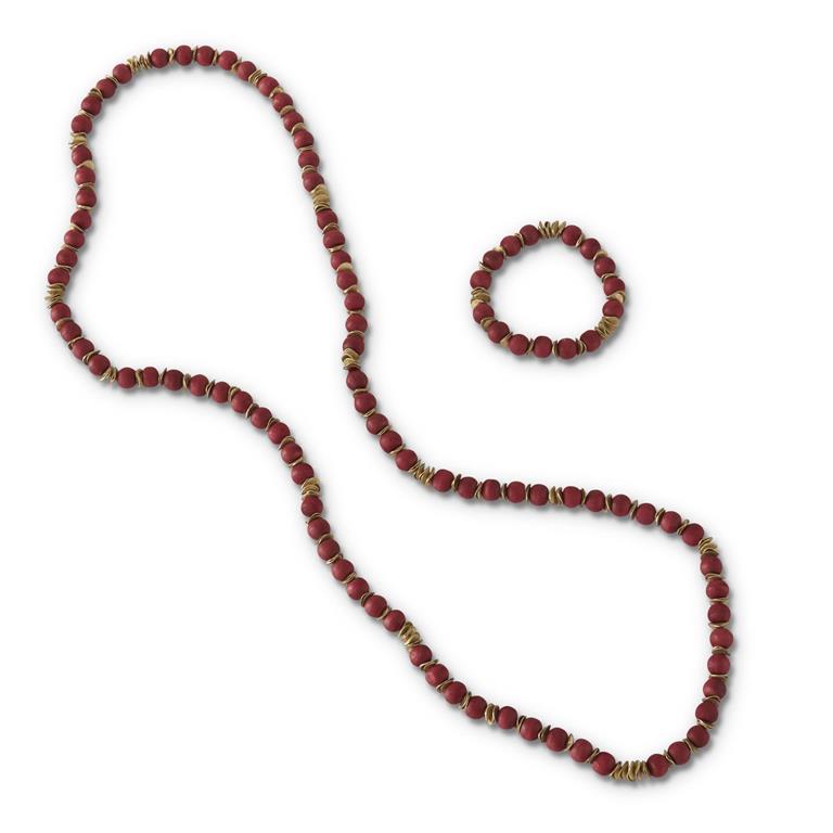 Red Wood Bead Bracelet & Necklace Set