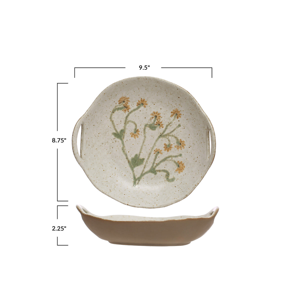 Hand-Painted Stoneware Bowl w/Handles & Botanicals