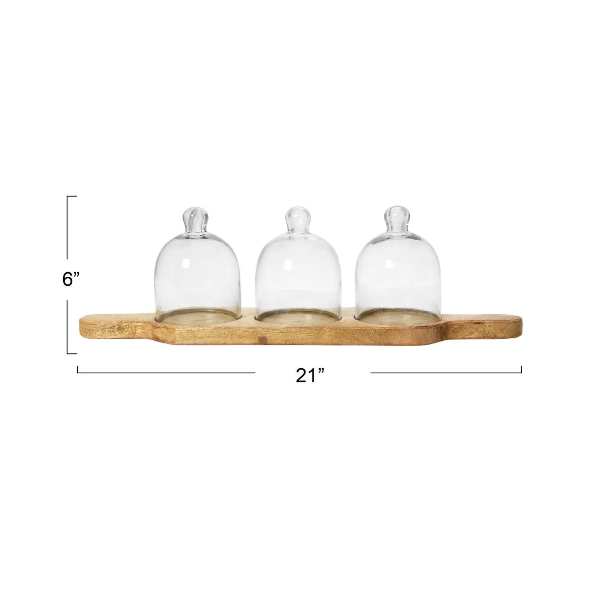 Mango Wood Serving Tray w/3 Glass Cloches