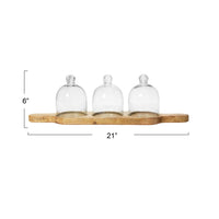 Mango Wood Serving Tray w/3 Glass Cloches