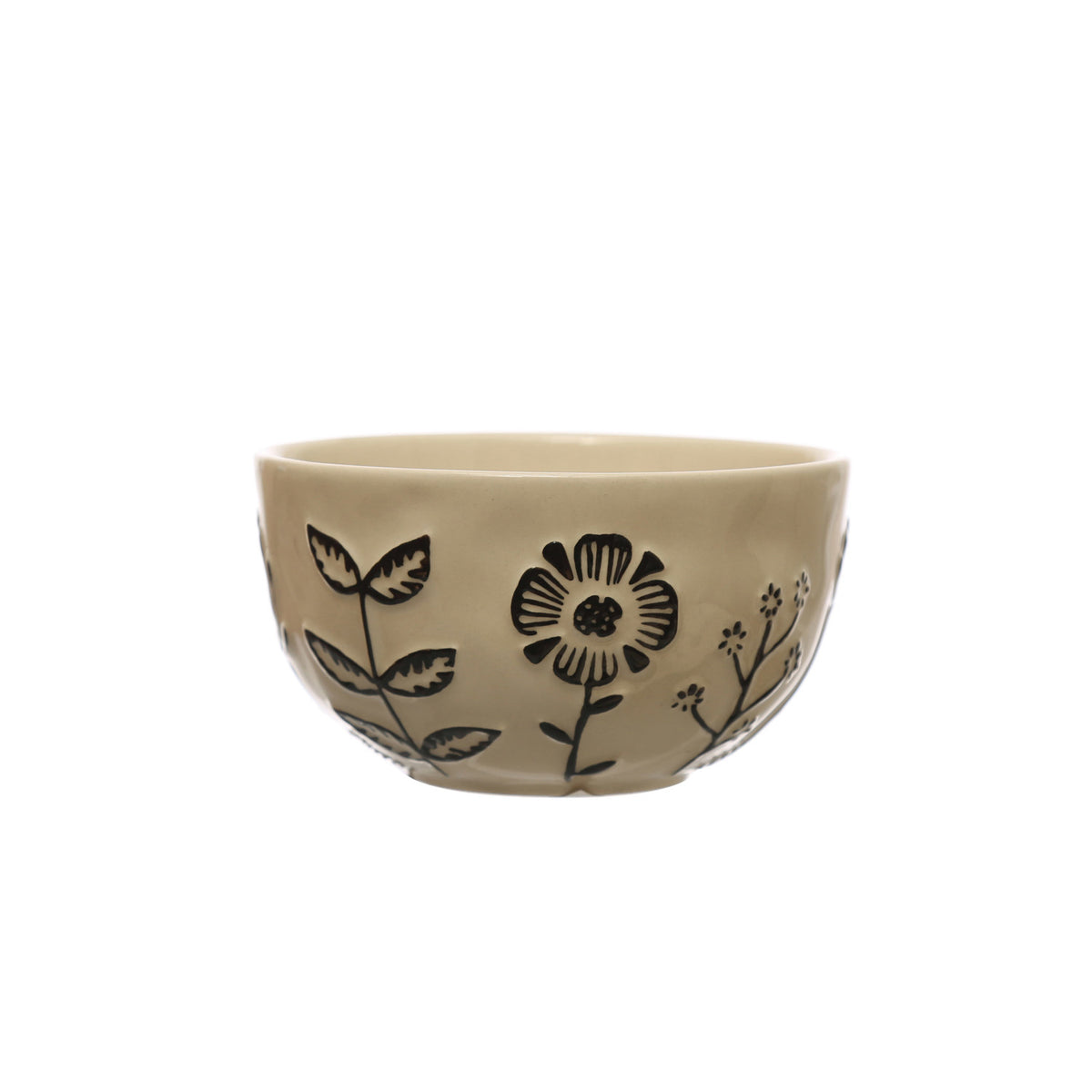 Hand-Painted Stoneware Bowl w/Embossed Flowers