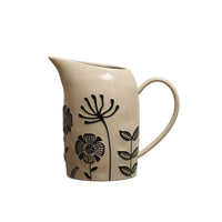 Hand-Painted Stoneware Pitcher w/Embossed Flowers