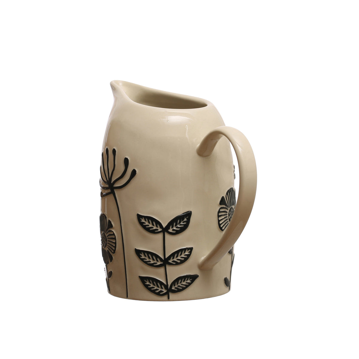 Hand-Painted Stoneware Pitcher w/Embossed Flowers