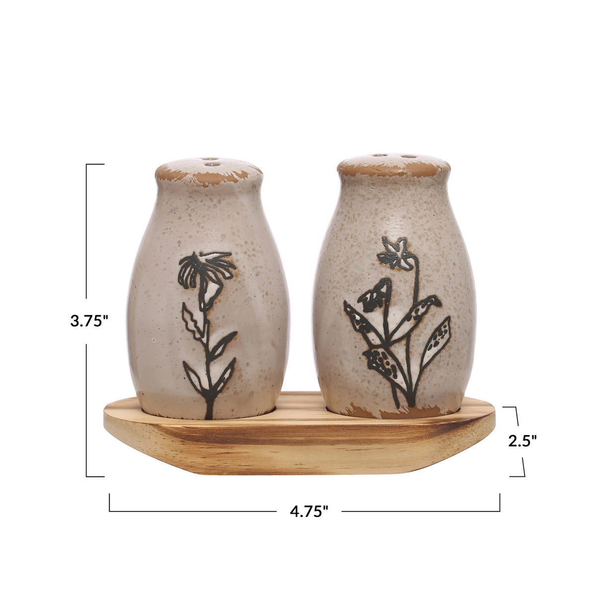 Debossed Stoneware Sale & Pepper Shakers w/Flowers & Pine Wood Tray