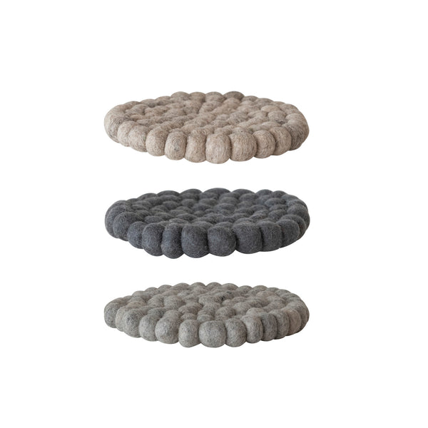 7.5" Round Handmade Wool Felt Ball Trivets in 3 Colors