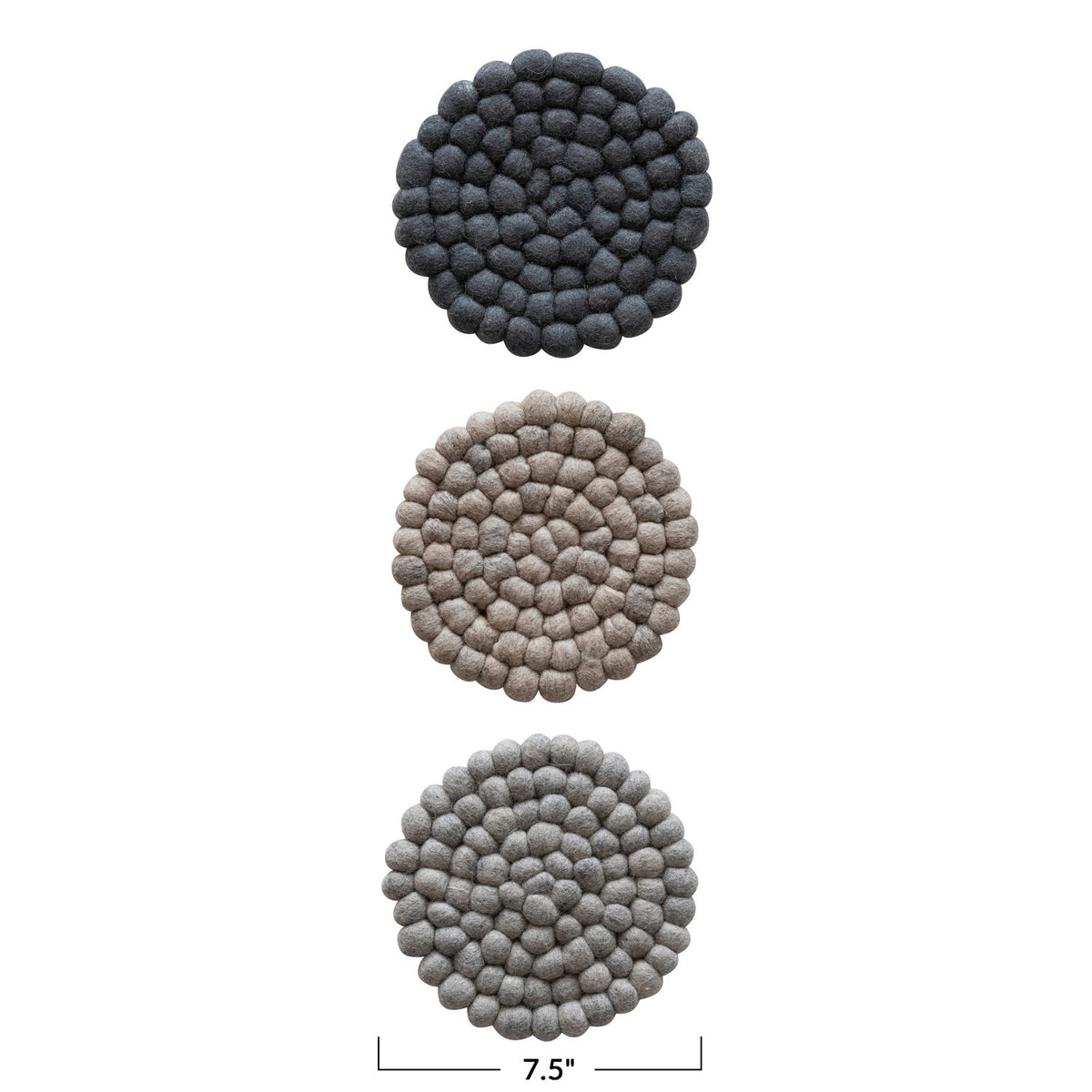 7.5" Round Handmade Wool Felt Ball Trivets in 3 Colors