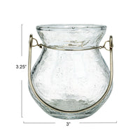 Hammered Recycled Glass Tealight Holder w/Metal Handle, Silver