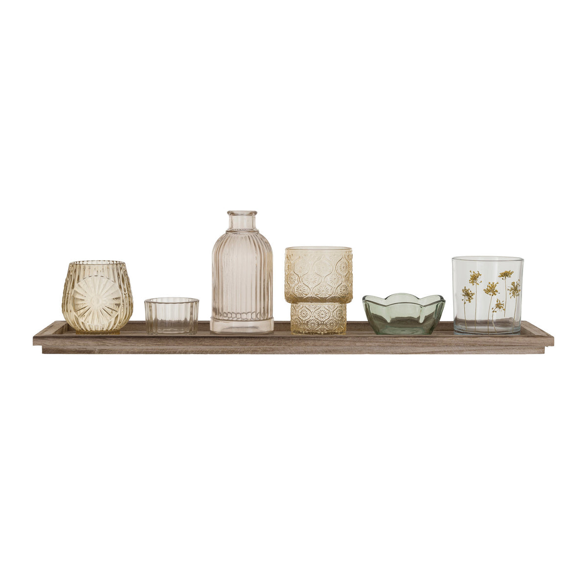 Wood tray w/Embossed Glass Tealight/Votives