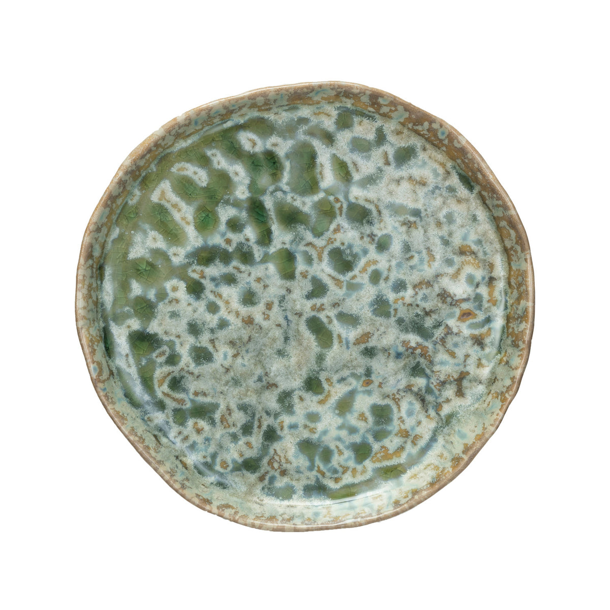 Green Stoneware Plate, Reactive Crackle Glaze