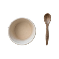 Stoneware Bowl w/ Mango Wood Spoon, Set of 2