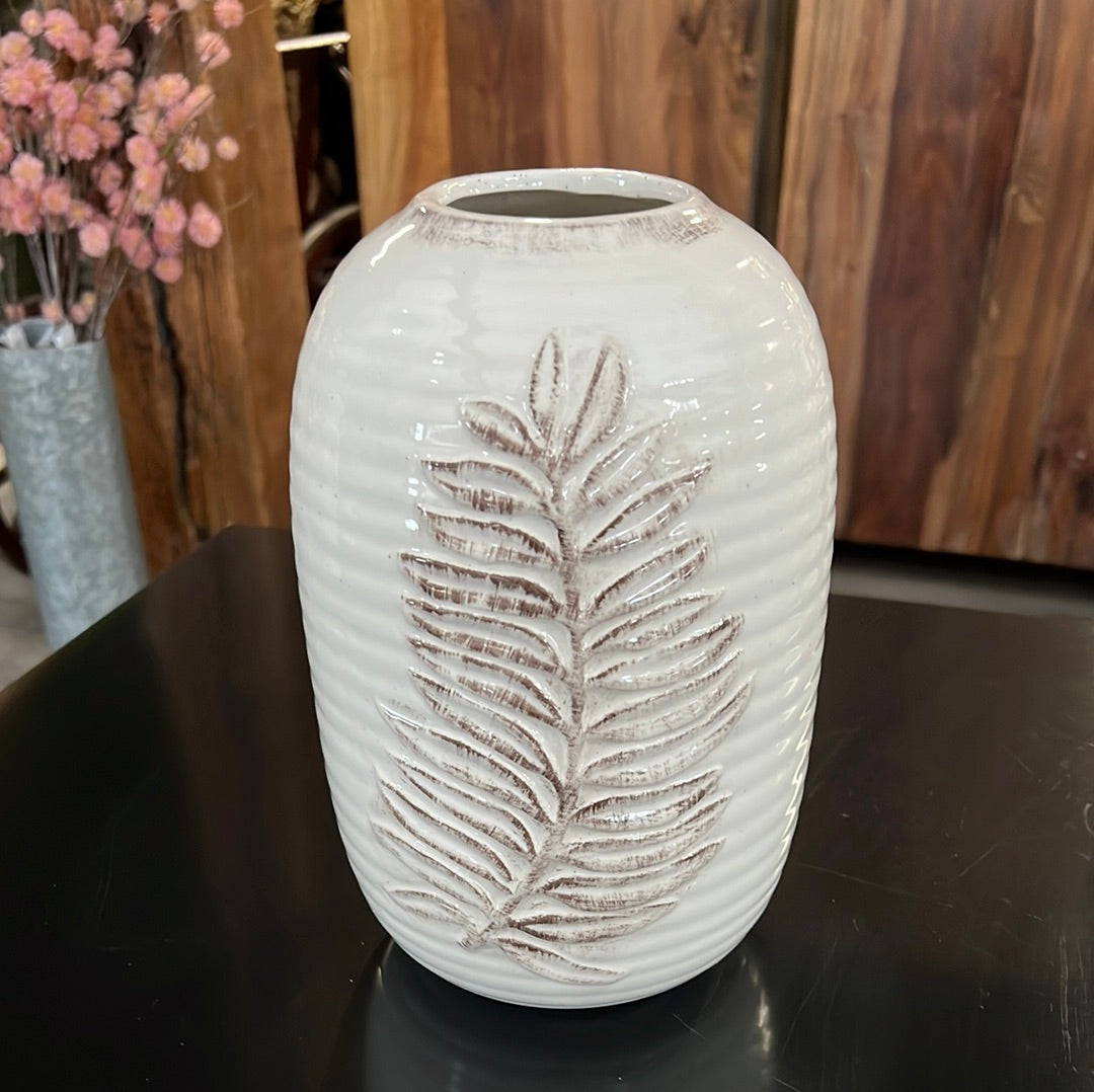 M Cream & Brown Fern Leaf Speckled Ceramic Vase
