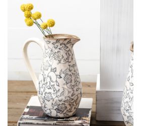 Heirloom Pitcher 10" cream and gray floral print  made of ceramic 