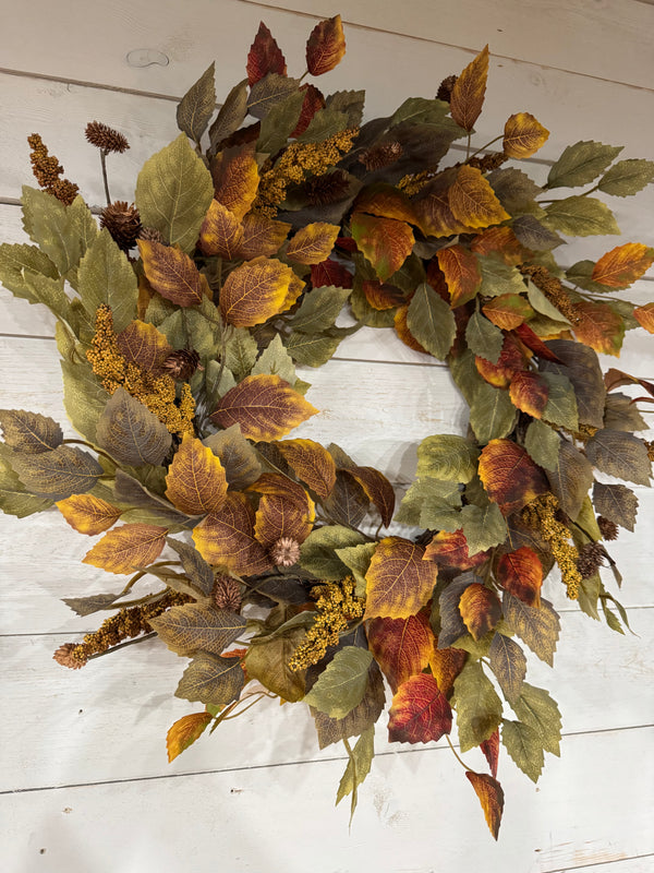 Green & Orange Birch Tree Leaf Wreath 22"R