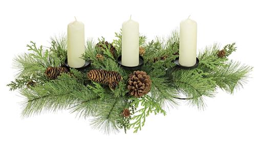 MIXED CEDAR, PINE CENTERPIECE W/CONES W/3 CANDLE HOLDER, 29"