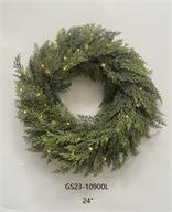 LIT SOFT CEDAR PINE WREATH W/ MICRO LIGHTS, 24", GREEN