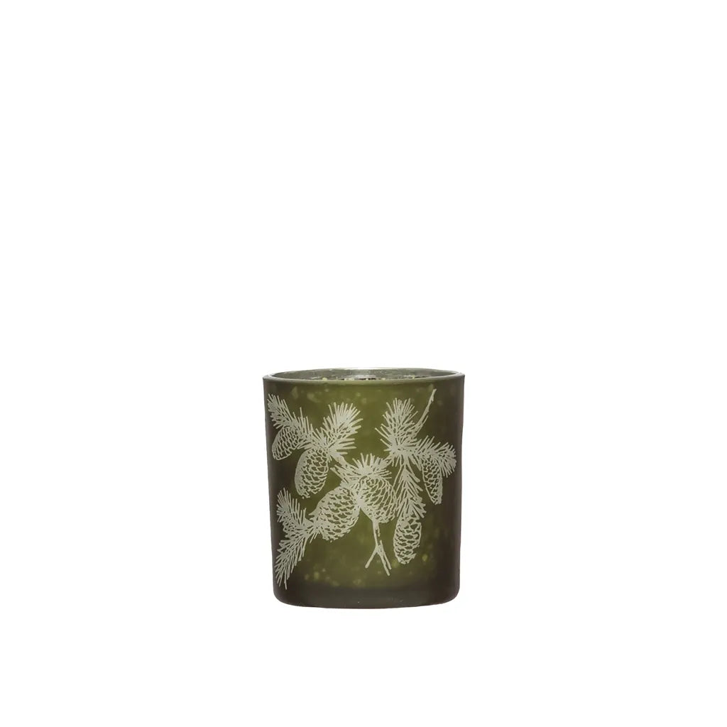 Mercury Glass Candle Holder w/ Laser Etched Pinecones, Green