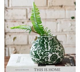 4" ROUND GREEN FLORAL SQUAT VASE