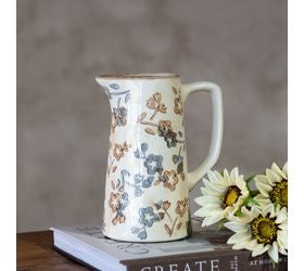 7.7" BEIGE/BLUE FLORAL PATTERN PITCHER