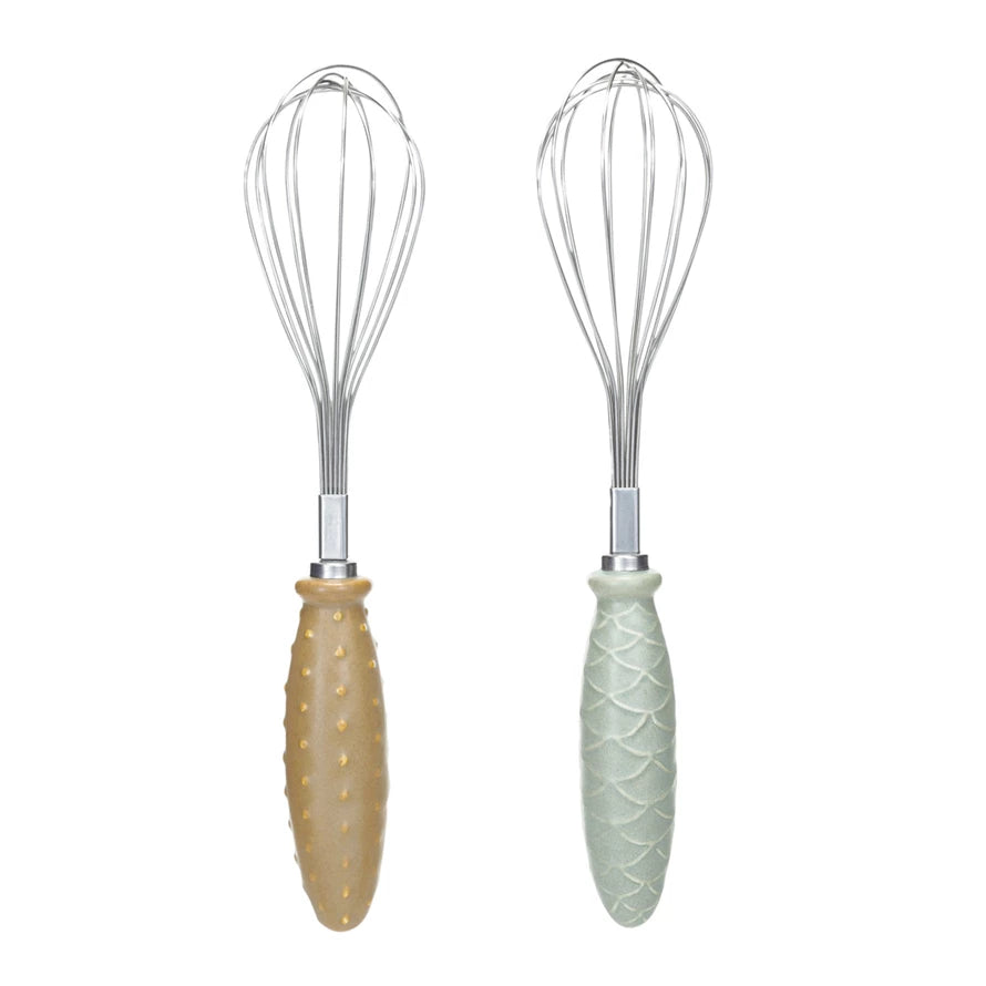 Stainless Steel Whisk w/ Embossed Stoneware Handle, 2 Styles (Each One Will Vary)